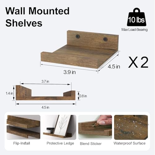 Image of Small Brown Floating Shelves for Wall, Shelf with Lip Set of 2, 4 in
