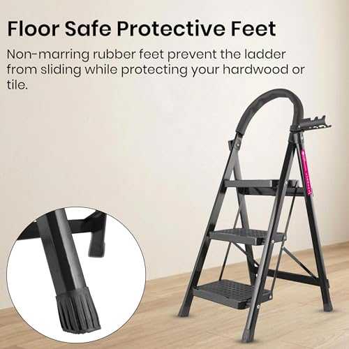 Image of Casa Copenhagen Black 3 Step Ladder for Home Use with Built-in Tool Tray | Heavy Duty D Shape Rods |Large Platform | Wide Rubber Feet | 150Kg Capacity Foldable Ladder - 7 Years Warranty
