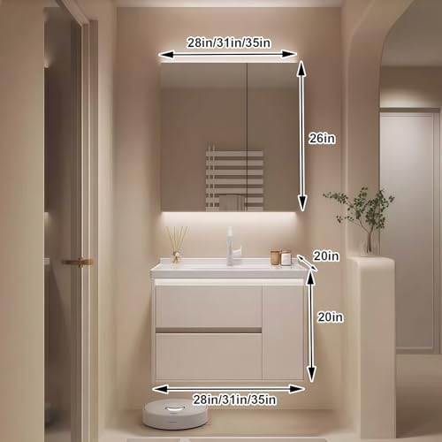 Modern Wall Mounted Floating Bathroom Vanity with Integrated Ceramic Sink, No Assembly Required, Hanging LED Intelligent Lighted Sensor and Demisting Mirror, Cabinet Spaces