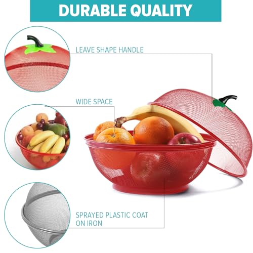 Image of HAADI Fruits Bowl Basket Apple Shape Mesh with lid Tabletop Vegetable Holder Keep Unwanted Pets & Insects Out Kitchen Dishwashing Drain Basket (Red)