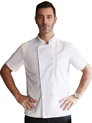 KITCHIEF Black Chef Coat With Mesh Lightweight Chef Jacket Men Short Sleeve Chef Uniform for Kitchen,Restaurant,Bakery, White