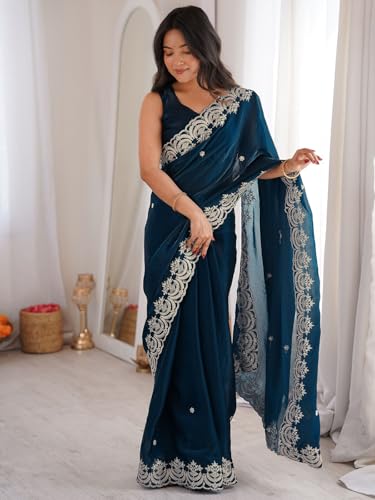 Image of SIRIL Women's Tissue Silk Sequence Embroidery Saree With Unstitched Blouse Piece