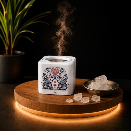 Image of Shivansh Technology Incense Holder Electric Kapoor Dani Camphor Diffuser Burner for Home | Karpuram Bakhoor Oud Aroma Oil & Dhoop Machine | Essential Oil Diffuser for Home (White) (Love Elephants)