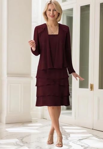 Short Mother of The Bride Dresses for Wedding Long Sleeve Lace Chiffon Tiered Formal Gown with Jacket3
