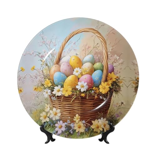 YZILDP Rabbit Easter Ceramic Plate with Display Stand,10 in,Seasonal Spring Decorative Plates Spring Flowers Eggs Wall Hanging Ceramic Craft for Kitchen Dining Room Home Decor