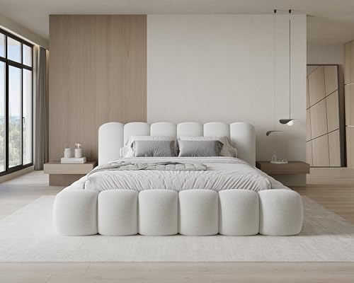 Chilly. Design Bett Stone - Polsterbett 180x200 mit Bettkasten, Lattenrost und Kopfteil - Eleganter Bouclé-Stoffbezug Weiß