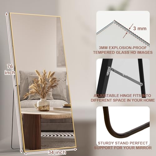 Full-Length Mirror, Super-Large Floor Mirror, with Bracket, Full-Length Mirror, Aluminum Alloy Whole-Body Mirrors, Tilt for The Living Room, Bedroom (Gold)