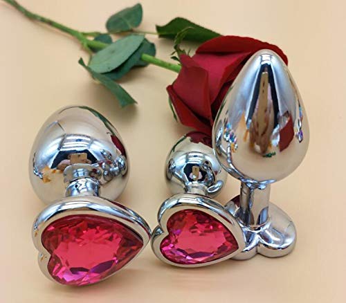 Sexysamba 3 Pcs Anal Plug Set, Heart Shaped Metal Anal Sex Trainer Jeweled Butt Plugs Toy for Beginners, Rose Red