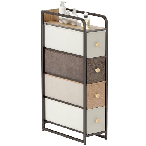 HOMCOM Cómoda con 4 Cajones de Tela Plegables, Cómoda para Dormitorio Estrecha con Marco Metálico, Cajonera para Espacios Pequeños, Sala de Estar, Vestidor, Baño, Multicolor