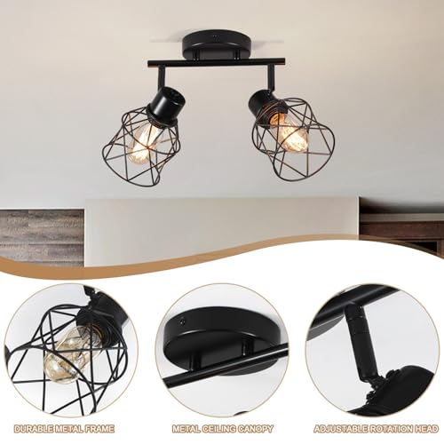 Image of 2 Lights Adjustable Multi-Directional Black Light Fixtures, Semi Flush Mount Ceiling Light, Kitchen Light Fixtures Ceiling Mount, Geometric Metal Cage Industrial Spotlight Fixtures for Dining Room