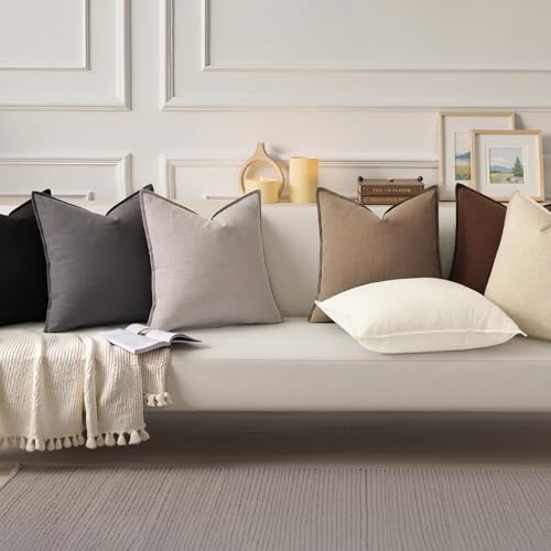 Image of decorUhome Summer Decorative Linen Throw Pillow Covers 16x16 Inch Set of 2 Light Brown Pillow Covers with Flange Edges Soft Farmhouse Boho Accent Pillow Cases for Couch Bed Living Room