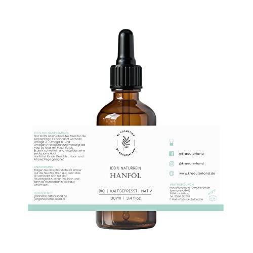 Kräuterland Bio Hanföl - Hautöl 100ml kaltgepresst - reines Bio Hanfsamenöl zur Pflege von Haut und Haaren in Premium Qualität