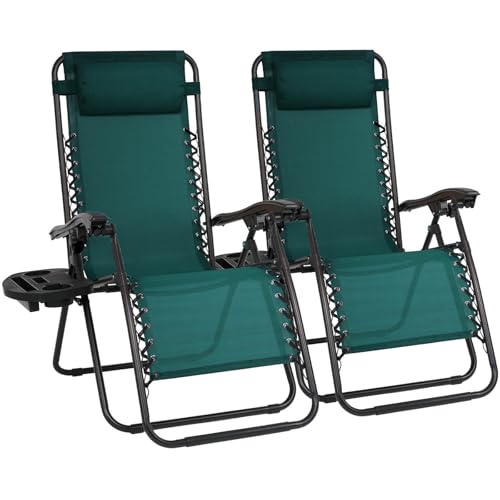 EIGFOH Tumbonas Plegables,Jardin Exterior Silla de Playa con Portavasos y Reposacabezas,Silla de Playa Ajustable para Jardín,Piscina,Terraza,Carga de 150 KG (Verde 2 Tumbonas)