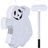 Aoriher Halloween Ghost Piñata Spooky White Ghost Piñata with Stick and Blindfold Halloween Hanging Decoration Mexican Piñata for Birthday Game Halloween Party Supplies
