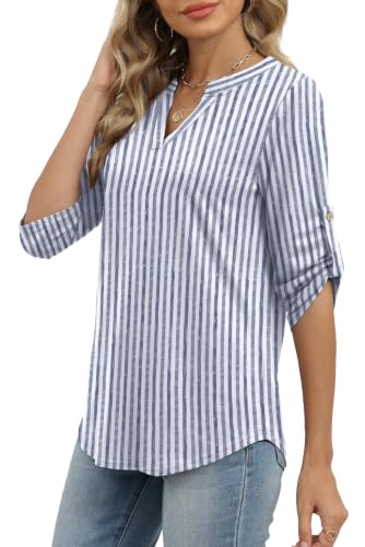Image of XIEERDUO 3 /4 Length Sleeve Womens Tops V Neck T Shirts Both Side Buttons Blouses Business Casual Outfits Loose Fit