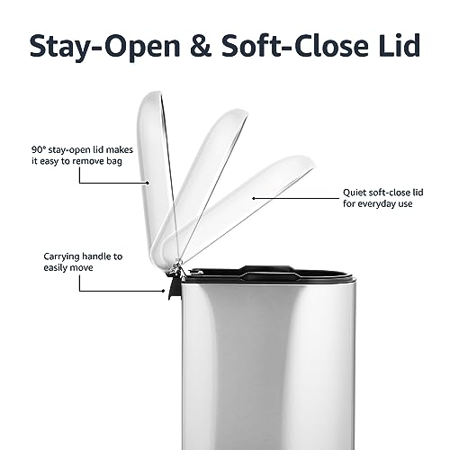 امازون بيسكس سلة مهملات صغيرة مقاومة للتلطخ على شكل حرف D مع دواسة قدم ناعمة الاغلاق للحمام او غرفة النوم او غرفة المعيشة، شكل نحيف للمساحات الضيقة، 10 لتر/2.6 جالون، ستانلس ستيل مصقول