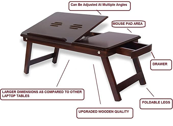Image of Wooden Finish Standard Multi-Purpose Foldable Portable Bed Table (Brown), 53 cm , 30 cm