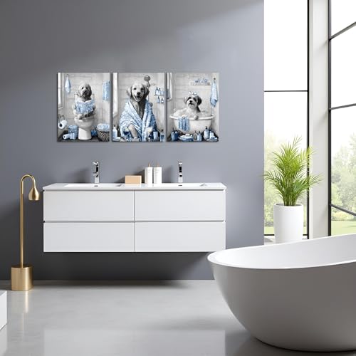Image of sechars Funny Dogs Bathroom Wall Art Grey and Blue Bath Decor Cute Animal Painting Canvas Print (Blue)