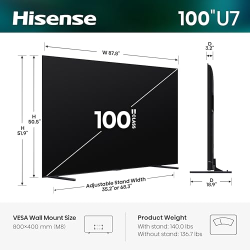 Image of Hisense 100 inch U7 Mini-LED ULED 4K UHD Best Premium Gaming Smart Google TV (100U7SG, 2026 New) - Hi-QLED, Native 165Hz, VRR 288, High Brightness, HDR10+, Dolby Vision IQ.Atmos, IMAX Enhanced, 2.1.2 Ch