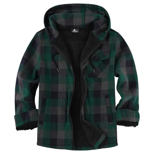 Image of geeksport Men's Fleece Flannel Jacket Full Zip Padded Lumberjack Warm Plaid Hoodies with Sherpa Lining Winter Coat for Outdoor & Casual Wear