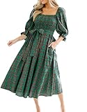 Alaurbeauty Vestido largo de Navidad a cuadros para mujer, vestido largo fluido con mangas abullonadas y detalles ahumados Vestido con lazo y volantes estilo Vichy Karo, verde, M