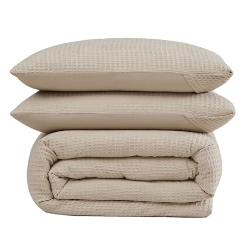 CANNON Heritage Cotton Waffle Khaki 3 Piece Full/Queen Comforter Set, Solid Textured, for Men and Women, Oeko-TEX Certified Confidence by CANNON - Used condition - Image 3