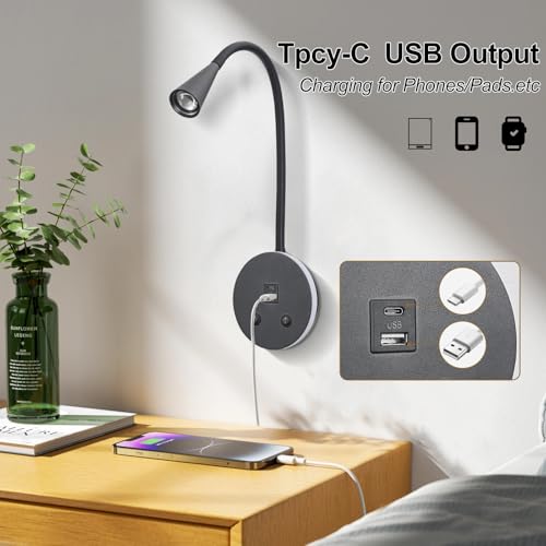 Image of Book Lights for Reading at Night, LED Wall Mounted Reading Light, Flexible Gooseneck Wall Lamps for Bedroom, Plug in Wall Lights with USB Charging, Bedside Wall Sconces Focused Bed Lamp (Black)