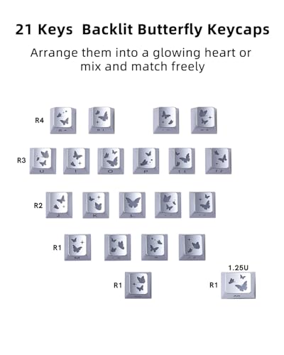 Image of 21 Key Butterfly Shine Through Keycaps Set, Love Theme Heart Shape Key caps, Cherry Profile Side Printed Cute Custom Keycaps for MX Swithes Mechanical Keyboards, Silver