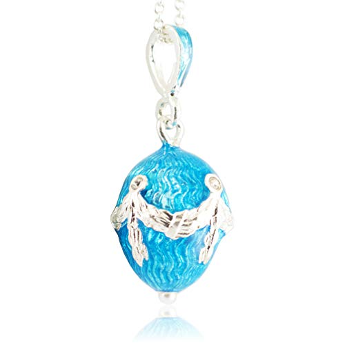 Sterling Silver Miniature Egg Pendant, Guilloche Blue Enamel Charm