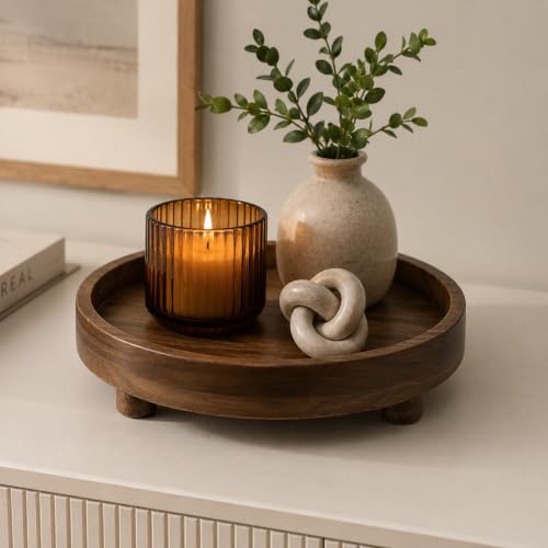 Image of D&G Homes Sheesham Wooden Round Serving Tray with Legs, Multipurpose Serving and Decor| Premium Handcrafted Wooden Tray for Home, Kitchen, Dining Table, Restaurant, Office Organizer