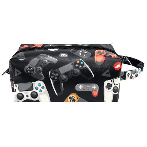 Neceser de viaje para mujer, bolsa de cosméticos de piel de microfibra para maquillaje, organizador práctico con cremallera, consola de juegos y gamepad, multicolor, 8.2x3.1x3.5 in/21x8x9 cm, Neceser