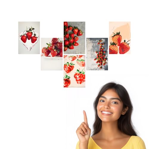 Image of SiddArtify Strawberry Art Print Set - Red - White Fruit Still Life - Set of 2-4x6 Inch - Board (Pack of 6) - Sticker (Pack of 6) Wall Room Decoration art Poster Prints