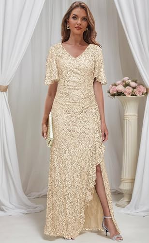 Sequin Lace Mother of The Bride Dresses for Women Short Sleeve Formal Dress with Slit Long Evening Gown3