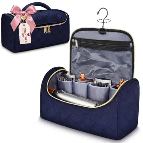 Mancro Padded Travel Case Compatible with Dyson Airwrap Complete Styler and Attachments, Portable Storage Bag with Metal Hanging Hook for Airwrap All Models, Long Barrel, Hair Curler Accessories, Blue