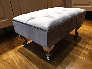 Grey Plush Velvet Pouffe Footstool with Chrome Queen Anne Design Feet