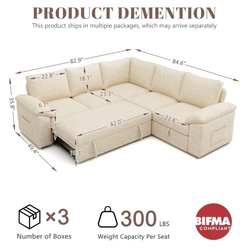 Image of 85'' Modular Sectional Sofa with Pull Out Bed, Sleeper Sofa, Beige | L Shaped 5 Seat Sectional Couches for Living Room, Cloud Modular Couch with Storage, Pull Out Couch, Removable Sofa Cover