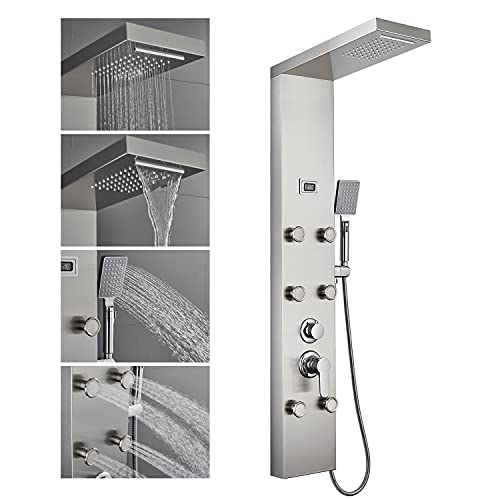 ROVOGO 6 Body Jets Shower Panel System with Rainfall Waterfall Shower Head and Handheld, Shower Tower Column with Temperature Display in Brushed Stainless Steel