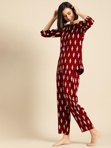 Image of Ichaa Women's Rayon Night Suit Printed Top & Bottom Set