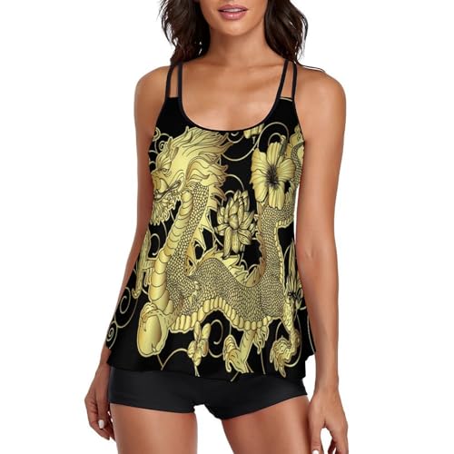 Maillot de bain tankini avec short pour femme - Robe de plage Dragon d'or