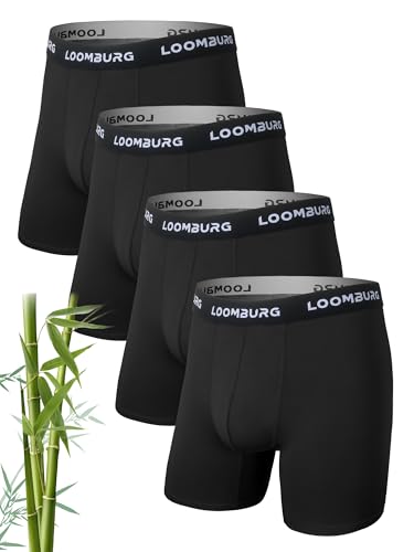 LOOMBURG Mens Boxers Bamboo Boxer Shorts Long Leg Anti Chafing Underwear Underpants pants No Itchy Labels & Moisture Wicking Breathable Multipack of 4 Black L