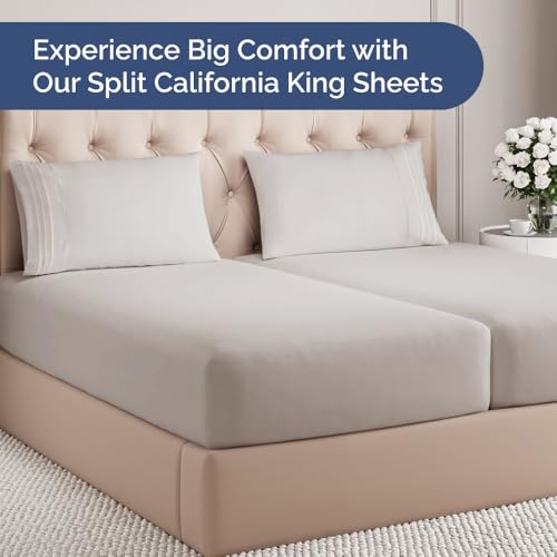 Image of Split Cal King Bed Sheet Set - 5 Piece Split Cal King Sheets - Light Grey | Ultra-Soft, Breathable & Cooling - Comfy, Wrinkle & Fade Resistant - Fits 8 inch to 16 inch Inch Mattress with Deep Pockets