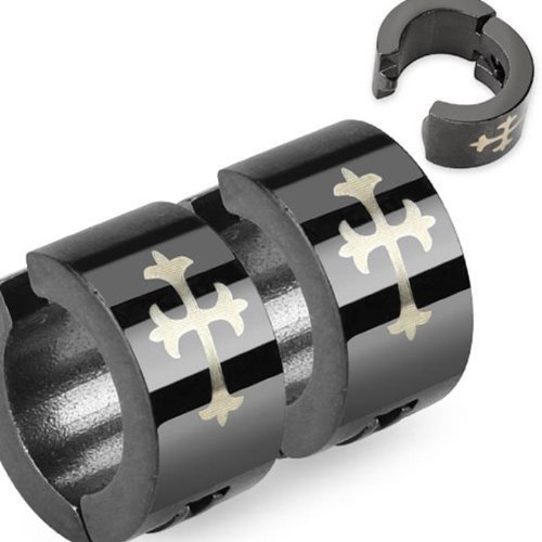 Coolbodyart Unisexe Acier INOX 1 Paire Fake Clip Créoles Noir Couverts Croix avec Gelasertem Motif en 7mm Largeur