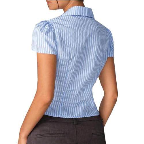 Womens Y2k Button Down Shirt Lapel V Neck Short Sleeve Blouse Striped Slim Fit Ruched Tops Split Front Tees Streetwear2