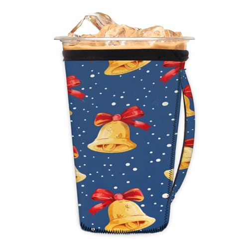 Snowflakes Bells Reusable Neoprene Coffee Sleeve with Handle Insulated Iced Coffee Cup Holder Reduces Condensation Fits 24-28 oz Cups M