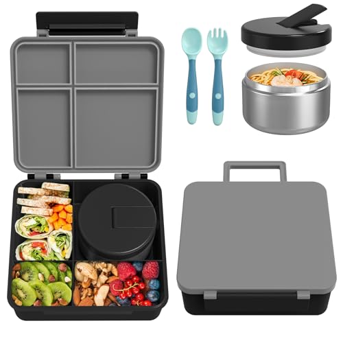 Image of Bento Lunch Box with 8oz Soup Thermo, Kids Leakproof Lunch Food Containers with 4 Compartment, Kids Thermo Insulated Hot Food Jar for School, Trvael (Grey)