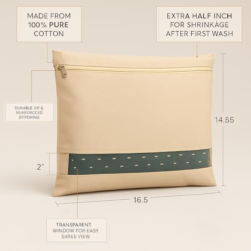 Image of DALUCI Cotton Saree Covers for Storage | Big Size Saree Bags (16x14 Inch) with Zip Closure, Transparent Mesh Window Cloth Organizer for Storage | Wardrobe Organiser - Beige (Pack of 6)