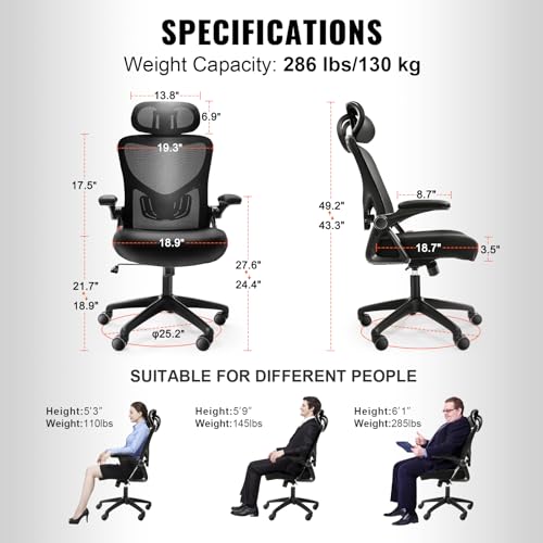 Image of VEVOR Ergonomic Office Chair, Adjustable Lumbar Support and Headrest, Home Desk Chair with Flip-up Armrest, 90-128 Tilt Rocking and Thickened Seat, Mesh Computer Chair for All Day Comfortable Sitting