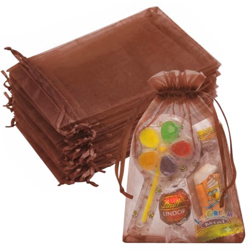 Image of Crweety 50PCS Organza Bags 4x6 Brown Small Gift Bags Mesh Drawstring