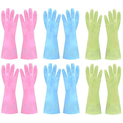 Dishwashing Rubber Gloves Non-Slip Household Laundry Kitchen Cleaning Gloves Reusable PU Waterproof Latex Gloves for Women and Men (Large, 6 Pairs) Pink 2 Pairs Blue 2 Pairs Green 2 Pairs