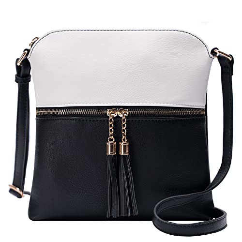 Solene Bolsa tiracolo feminina leve média com borla, tamanho perfeito para uso diário, viagens, Branco-preto5, Medium